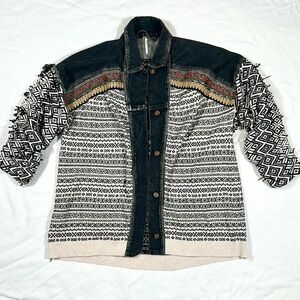 free people love test denim knit jacket embroidered floral small black boho